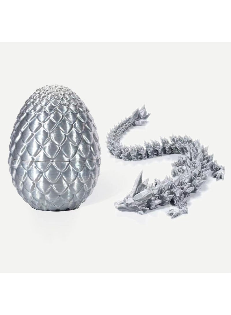 3D Printed Egg Dragon, Fully Articulated Dragon Crystal Dragon with Dragon Egg, Home Office Decor (Silk Silver)