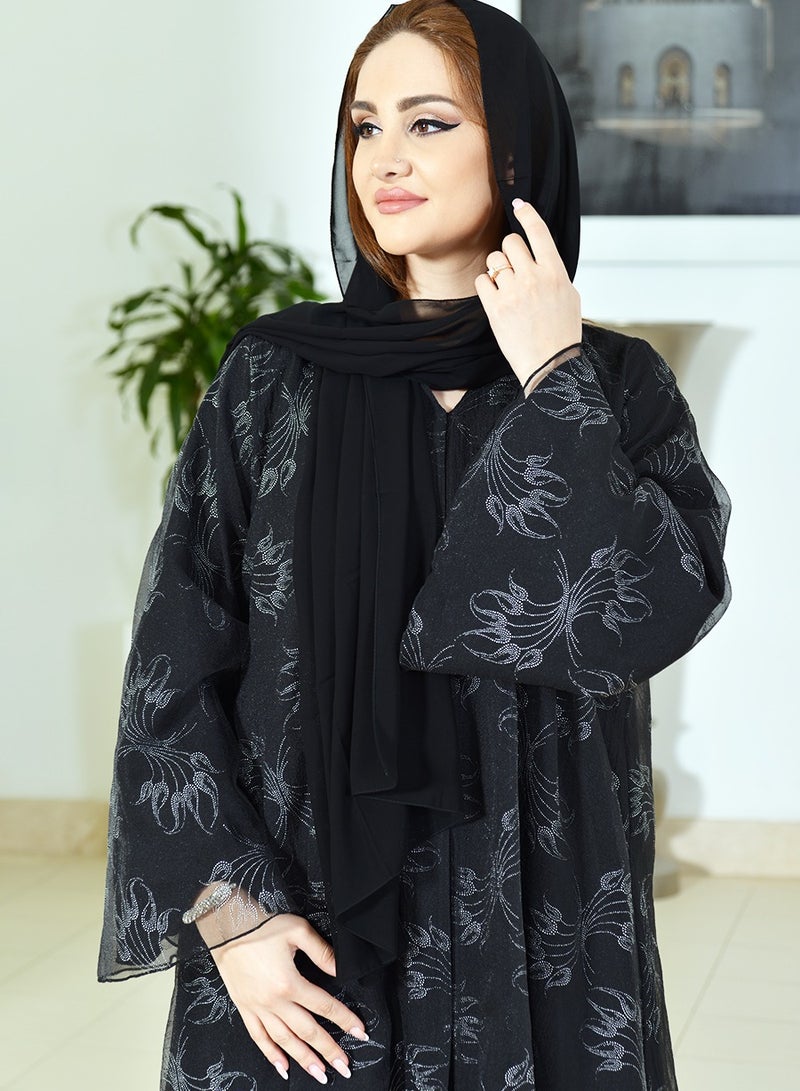 A-line double layered foiled organza abaya