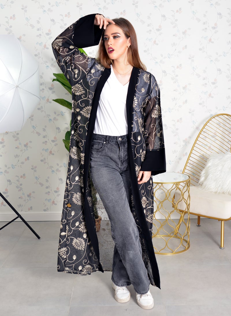 Wide sleeves self embroidered bisht abaya with black trimming