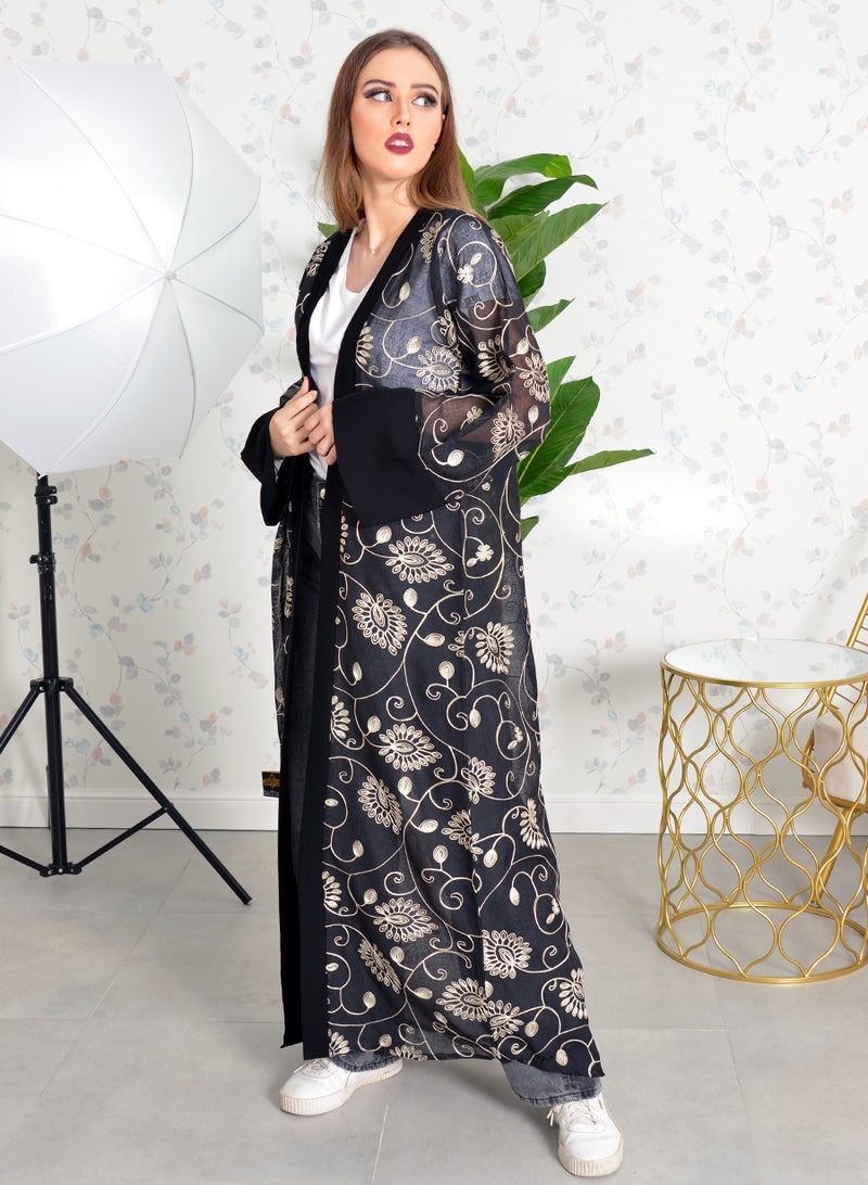 Wide sleeves self embroidered bisht abaya with black trimming