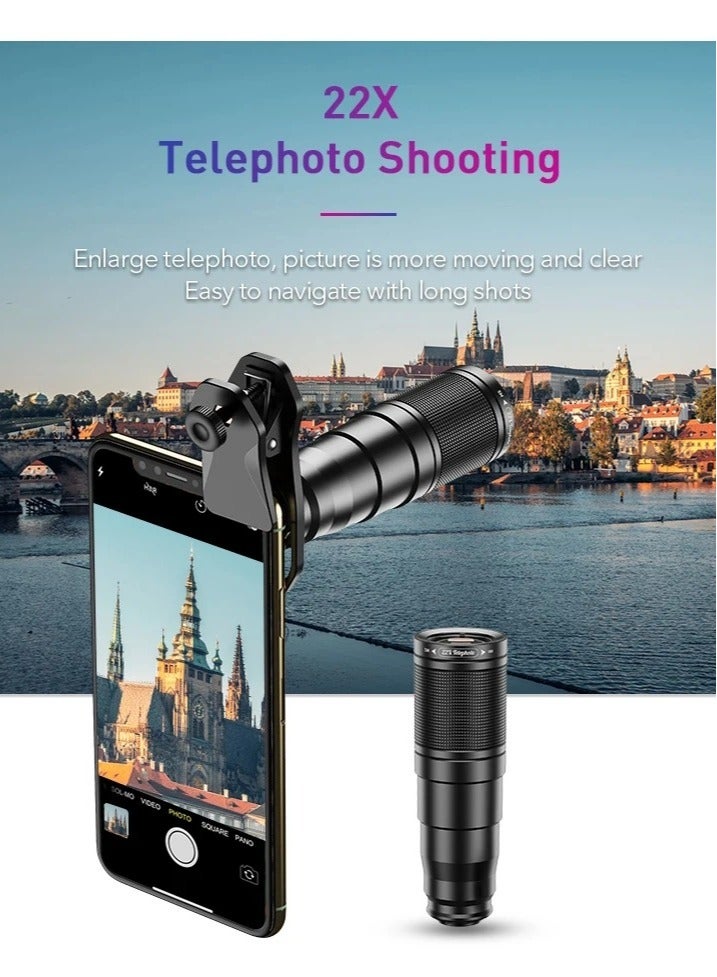 APEXEL 4 in 1 Optic HD Phone Camera Lens Kit Telephoto Zoom Monocular Telescope 22X Lens + Macro Wide Fisheye With Remote Tripod