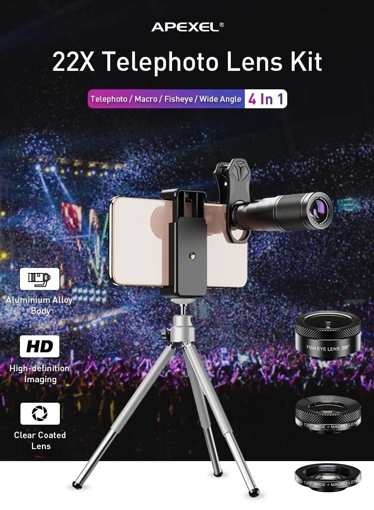 APEXEL 4 in 1 Optic HD Phone Camera Lens Kit Telephoto Zoom Monocular Telescope 22X Lens + Macro Wide Fisheye With Remote Tripod