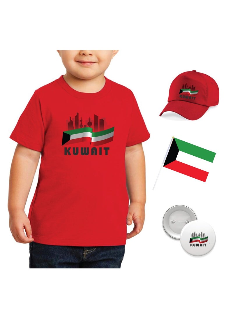 Kuwait National Day Gift Set for Boys - T-Shirt - Cap - Badge and Flag Set - Celebrate Kuwait National Day with this Kids Combo Pack in Style