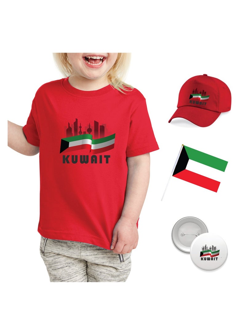 Kuwait National Day Gift Set for Girls - T-Shirt - Cap - Badge and Flag Set - Celebrate Kuwait National Day with this Kids Combo Pack in Style