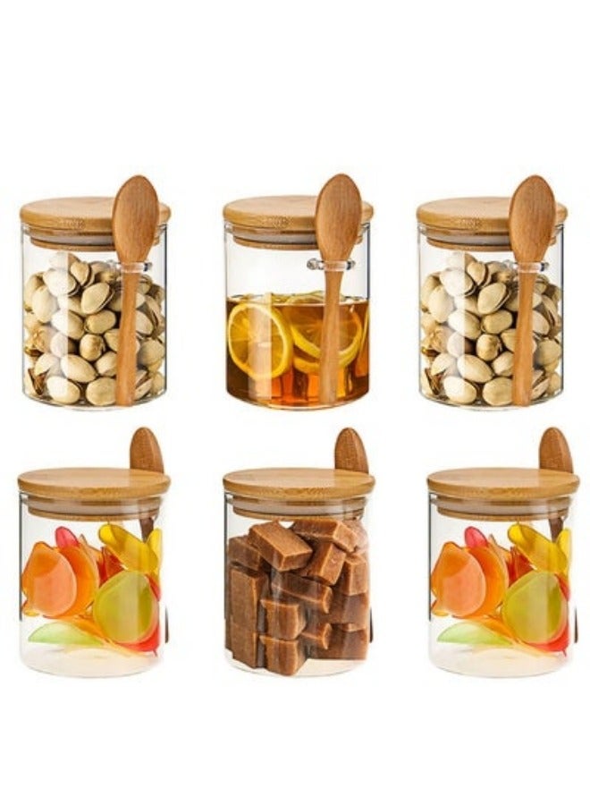 6-Pack Sealed Borosilicate Glass Bamboo Spice Jars with Bamboo Lid and Bamboo Spoon for Candy, Spices, Coffee Beans, Condiments