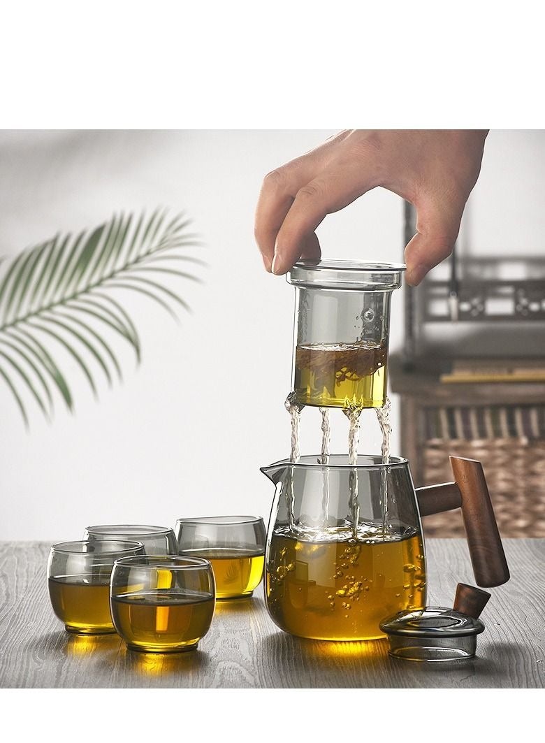 Glass Teapot Wood Handle Chinese Tea Ceremony Transparent Teaware Set Cup Filter High Boron Silicon Japanese Pot with 4 Cups