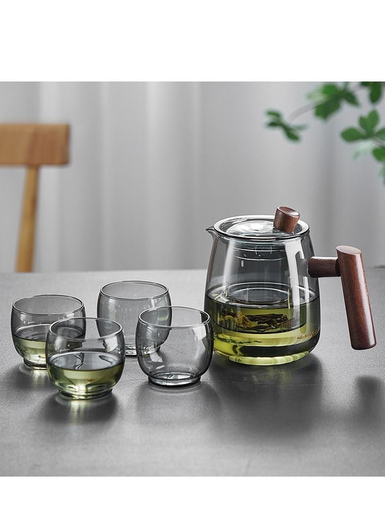 Glass Teapot Wood Handle Chinese Tea Ceremony Transparent Teaware Set Cup Filter High Boron Silicon Japanese Pot with 4 Cups