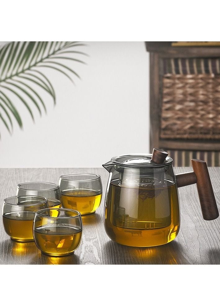 Glass Teapot Wood Handle Chinese Tea Ceremony Transparent Teaware Set Cup Filter High Boron Silicon Japanese Pot with 4 Cups