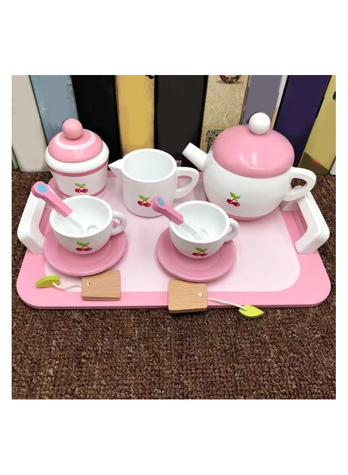 Wooden Tea Set 12pcs Pretend Play Teacup Playset Toy Accessories