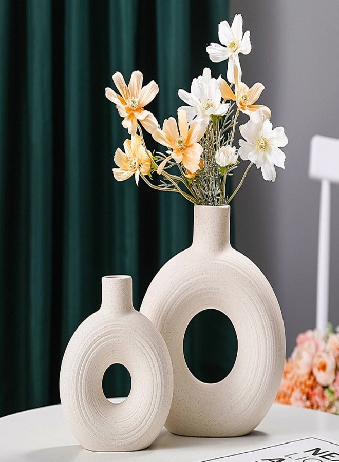 2-Piece Ceramic Donut Hollow Vase for Home Decor Modern Nordic Boho Minimalist Decorative Vase for Table Living Room  Dining