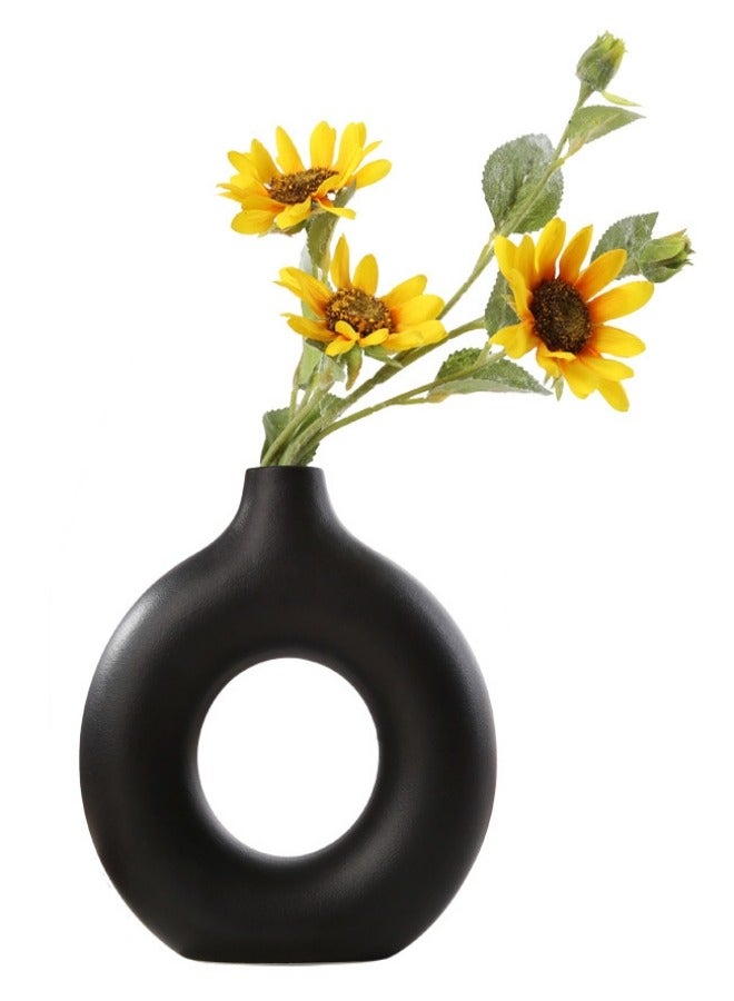 1-Piece Black Circle Ceramic Vase Nordic Matte ​Hollow Donut Flower Vases Decorative for Home Living Room Office Kitchen Table Decor 21*23cm