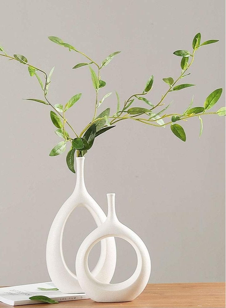 Set of 2 Simple White Ceramic Flower Vase for Home Decor Zen Vases Unique Hollow Geometric Bud Vases for Living Room Bedroom Dining Table