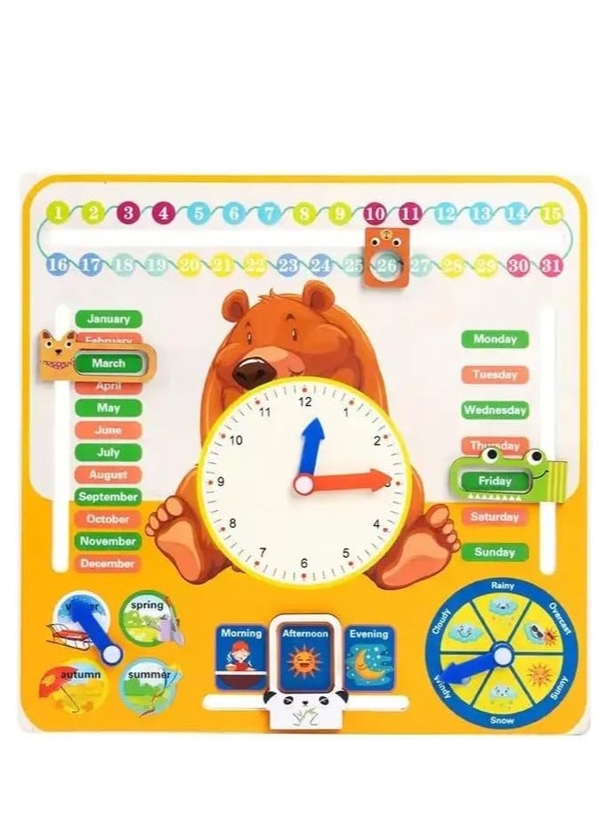 Wooden Bear Multifunctional Calendar Clock, Montessori Time Cognitive Teaching Aids, English Enlightenment Educational Toys For Kids