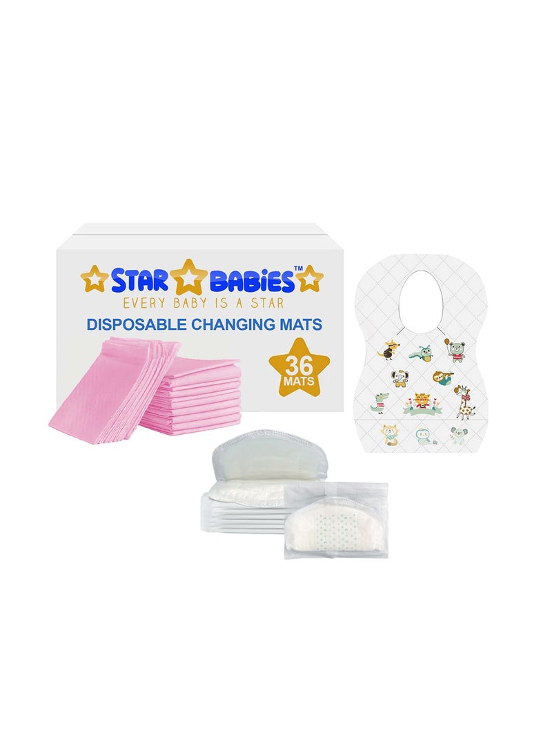 Star Babies Combo Pack (Disposable Changing mat 36pcs, Disposable Bibs 40pcs with  Disposable Breast Pad 8pcs) - Pink