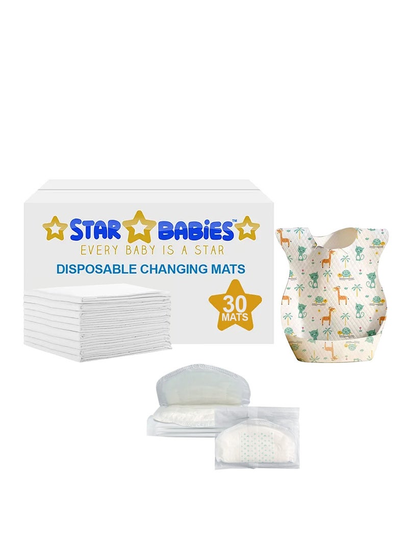 Star Babies Combo Pack (Disposable Changing mat 30pcs, Disposable Bibs 30pcs with  Disposable Breast Pad 5pcs) - White