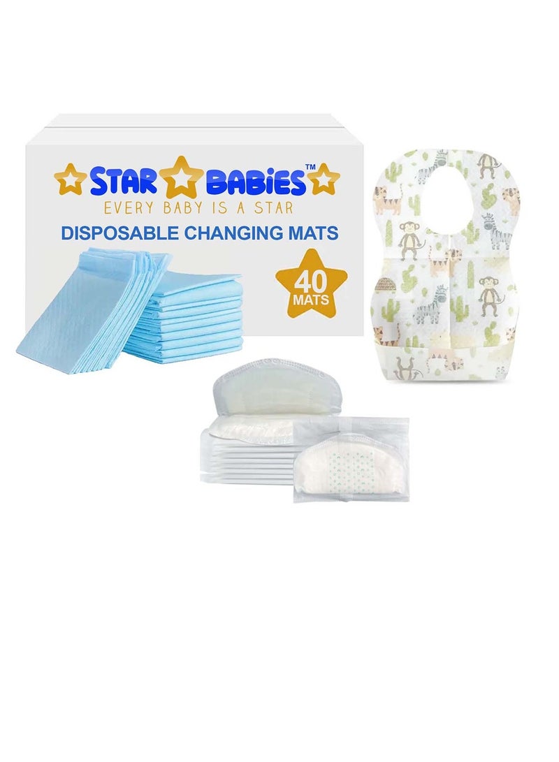 Star Babies Combo Pack (Disposable Changing mat 40pcs, Disposable Bibs 40pcs with  Disposable Breast Pad 10pcs) - Blue