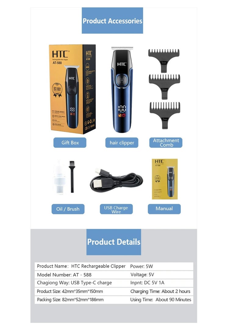 HTC Hair Clipper, Beard Trimmer with 2 Speed Settings, USB Rechargeable Cordless T-Shape Shaver with LED Display and 3 Combs, AT588