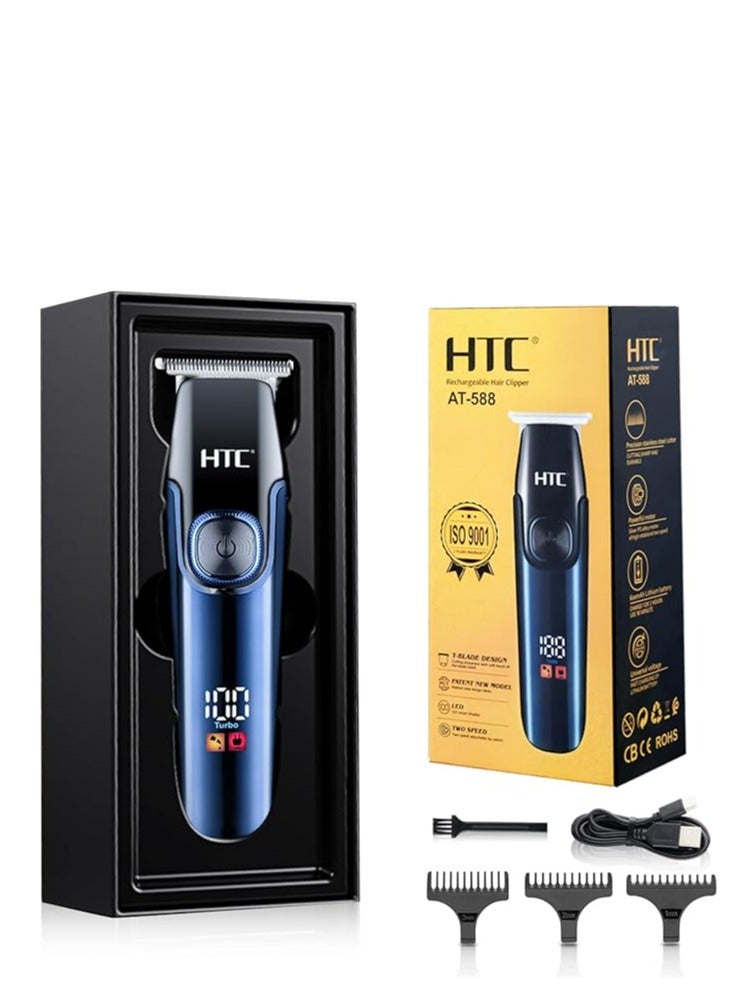 HTC Hair Clipper, Beard Trimmer with 2 Speed Settings, USB Rechargeable Cordless T-Shape Shaver with LED Display and 3 Combs, AT588