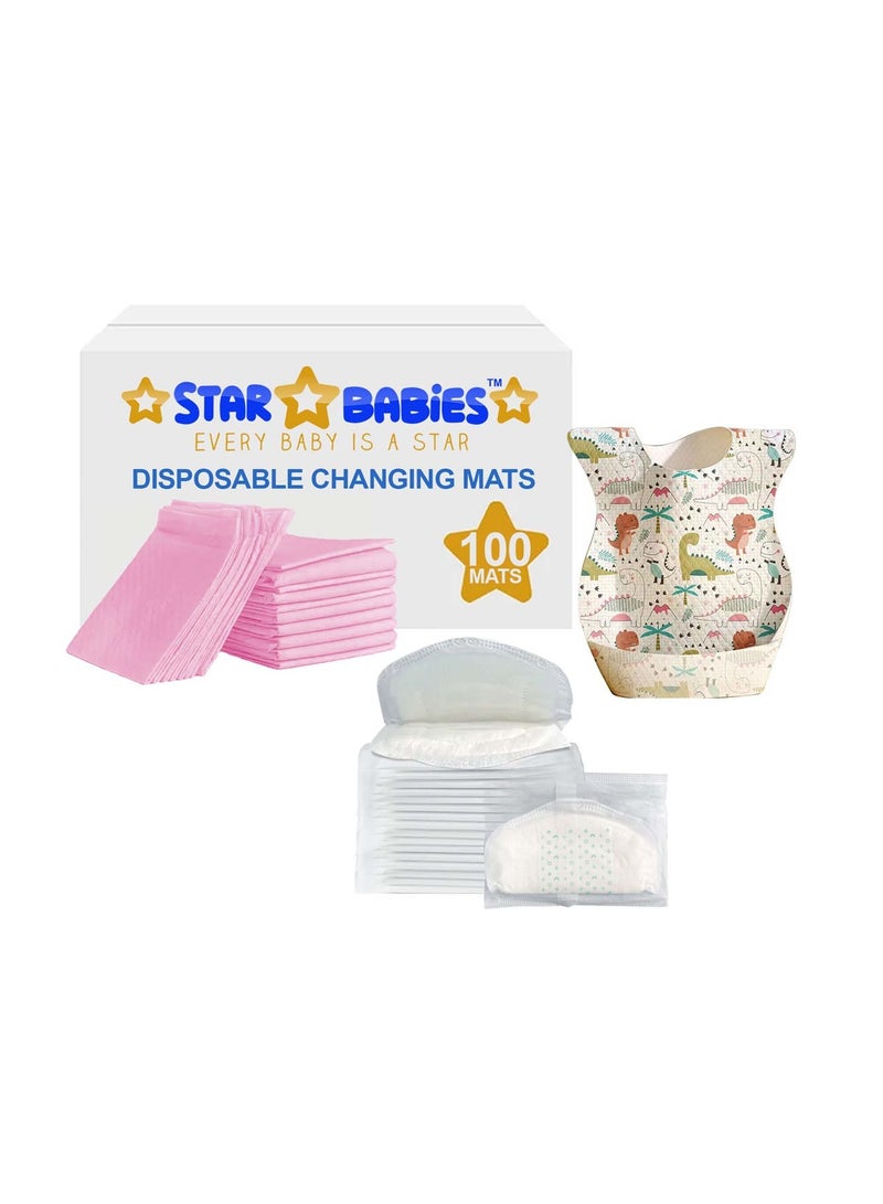 Star Babies Combo Pack (Disposable Changing mat 100pcs, Disposable Bibs 100pcs with  Disposable Breast Pad 20pcs) - Pink