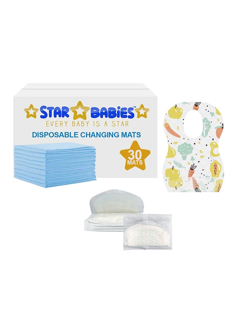 Star Babies Combo Pack (Disposable Changing mat 30pcs, Disposable Bibs 30pcs with  Disposable Breast Pad 5pcs) - Blue