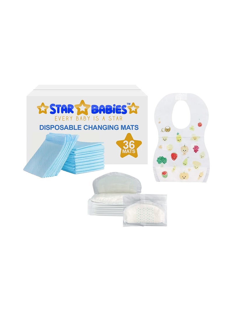 Star Babies Combo Pack (Disposable Changing mat 36pcs, Disposable Bibs 40pcs with  Disposable Breast Pad 8pcs) - Blue