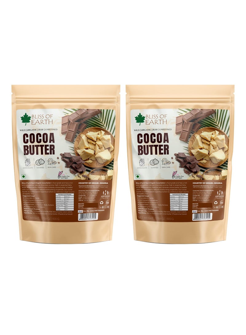 Cocoa Butter 100% Pure Organic Raw 500GM Raw Unrefined African Great For Face, Skin, Body and Lips Pack of 2