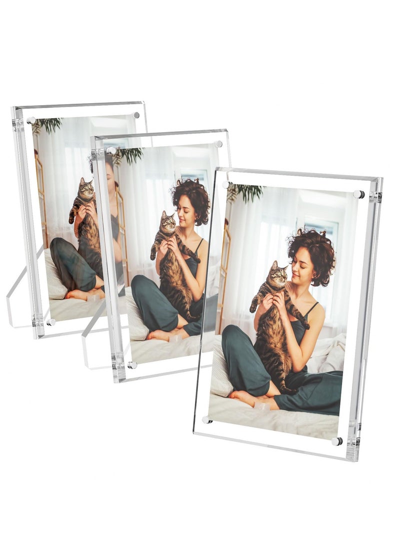 3-Pack Acrylic Picture Frames 5x7, Clear Stand-Up Magnetic Frameless Lucite Frames, Transparent Floating Cubes for Home Office, Horizontal/Vertical Display