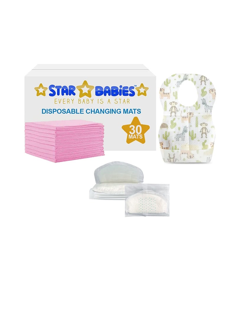 Star Babies Combo Pack (Disposable Changing mat 30pcs, Disposable Bibs 30pcs with  Disposable Breast Pad 5pcs) - Pink