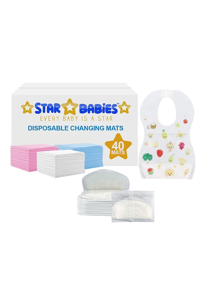 Star Babies Combo Pack (Disposable Changing mat 40pcs, Disposable Bibs 40pcs with  Disposable Breast Pad 10pcs) - Assorted