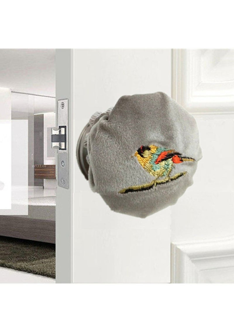 Door Handle Covers, 2Pcs Grey Knob Covers with Bird Embroidered, Anti-Static Safety Protector, Soft Velvet Wall Decorative Cushion Not to Dent Applicances