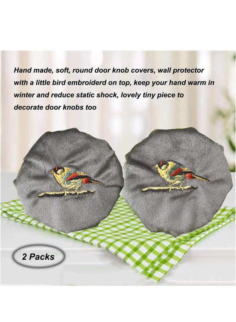 Door Handle Covers, 2Pcs Grey Knob Covers with Bird Embroidered, Anti-Static Safety Protector, Soft Velvet Wall Decorative Cushion Not to Dent Applicances