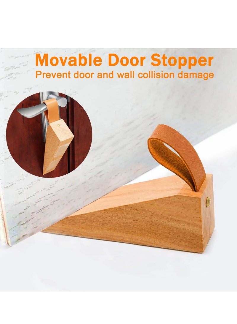 Wood Door Stopper, 2PCS Solid Wooden Non-slip Wedges with Leather Band, Stoppers for Bottom Seam of Door, 0.2