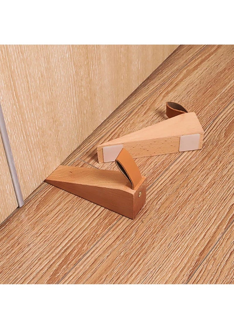 Wood Door Stopper, 2PCS Solid Wooden Non-slip Wedges with Leather Band, Stoppers for Bottom Seam of Door, 0.2