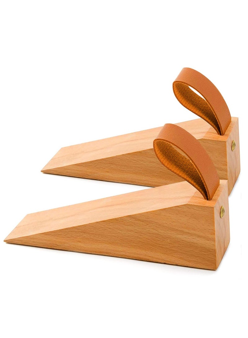 Wood Door Stopper, 2PCS Solid Wooden Non-slip Wedges with Leather Band, Stoppers for Bottom Seam of Door, 0.2