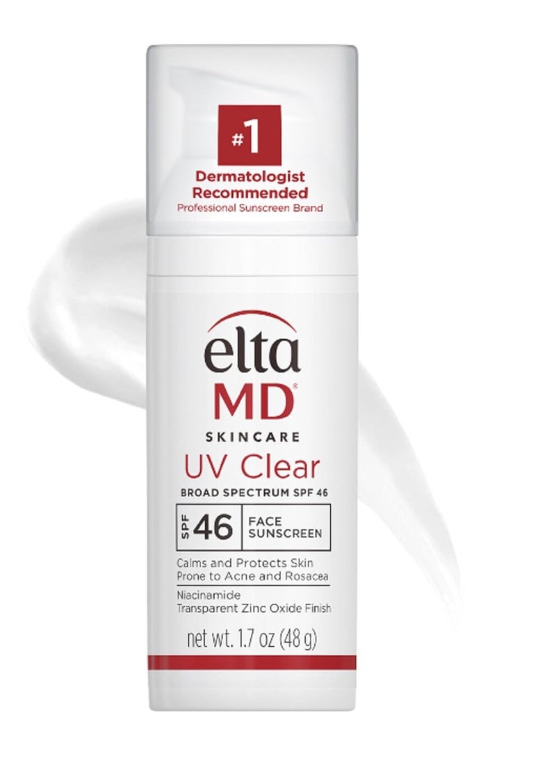 EltaMD UV clear face sunscreen SPF 46 oil free sunscreen with zinc oxide protects and calms sensitive skin and acne prone skin lightweight silky dermatologist recommended 1.7 oz pump