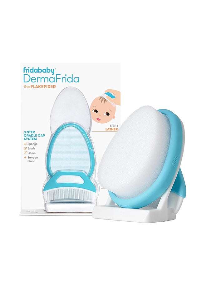 3-Step Cradle Cap System, Dermafrida Flakefixer, Sponge, Brush, Comb And Storage Stand For Babies, White And Blue