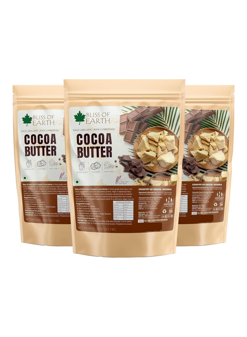 Organic Cocoa Butter 1KG for Chocolate Making Food Grade Raw and Organic For Hair Skin Pack of 3