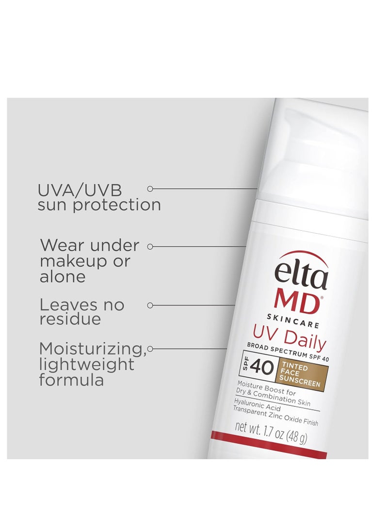 EltaMD UV daily tinted sunscreen with zinc oxide SPF 40 face sunscreen moisturizer helps hydrate skin and decrease wrinkles lightweight face sunscreen absorbs into skin quickly 1.7 oz pump