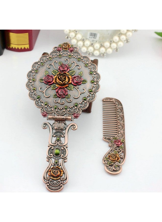 Vintage Mirror Comb Set Metal Antique Rose Style Handheld Makeup Mirror Travel Round Folding Cosmetic Mirror Women'S Vanity Handle Foldable Mirror Decorative Tabletop Mirror Copper