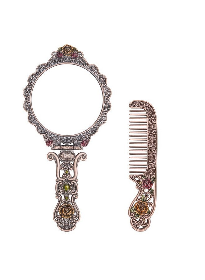 Vintage Mirror Comb Set Metal Antique Rose Style Handheld Makeup Mirror Travel Round Folding Cosmetic Mirror Women'S Vanity Handle Foldable Mirror Decorative Tabletop Mirror Copper