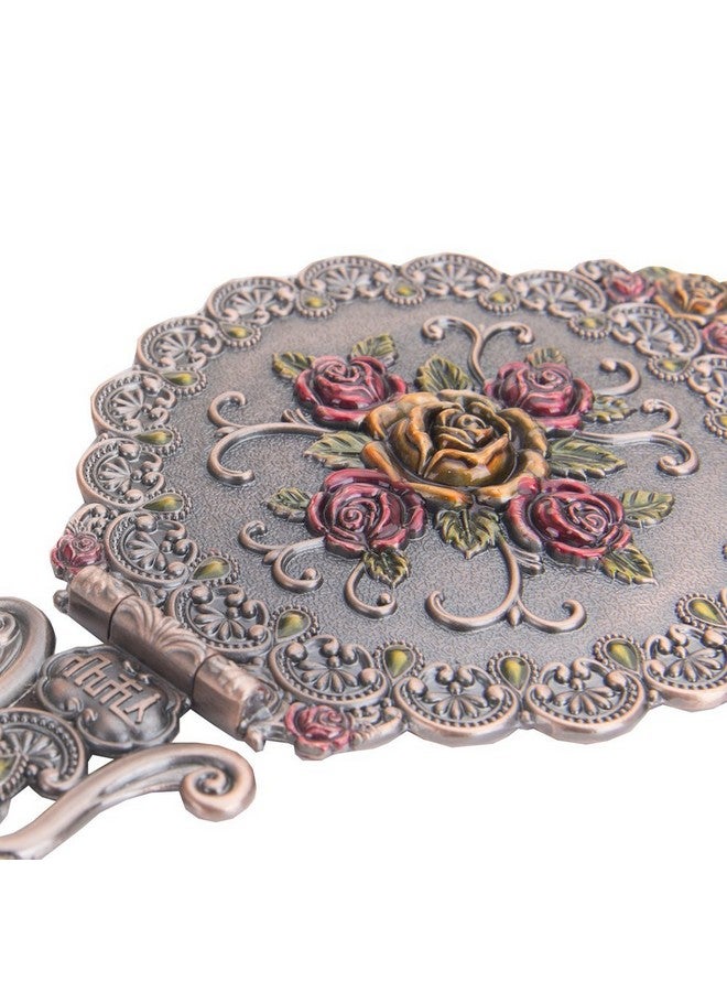 Vintage Mirror Comb Set Metal Antique Rose Style Handheld Makeup Mirror Travel Round Folding Cosmetic Mirror Women'S Vanity Handle Foldable Mirror Decorative Tabletop Mirror Copper