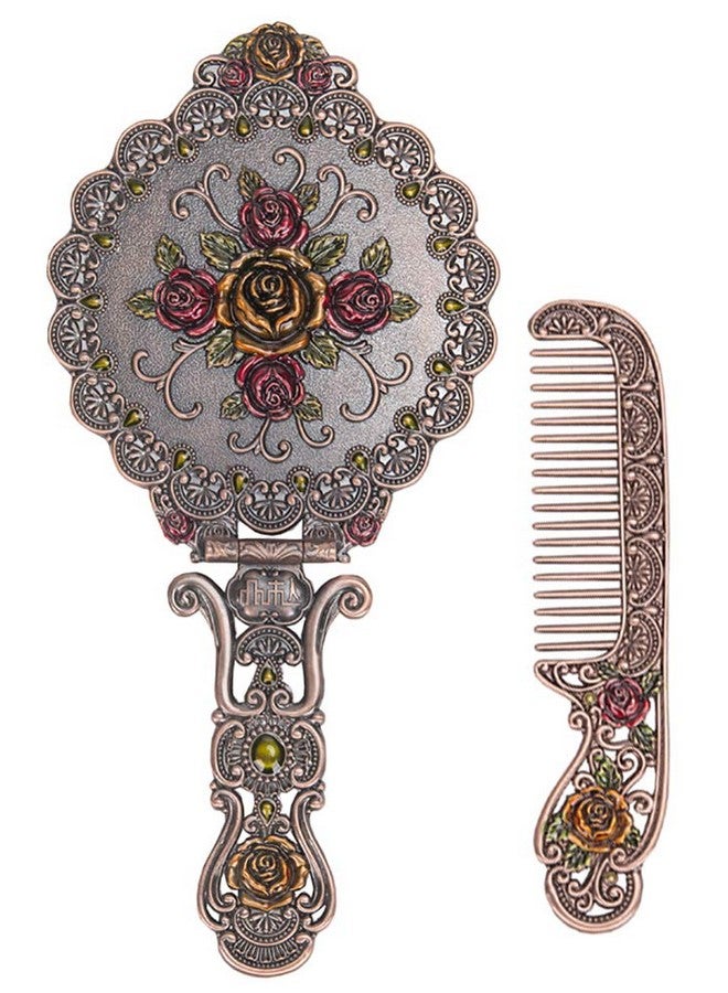 Vintage Mirror Comb Set Metal Antique Rose Style Handheld Makeup Mirror Travel Round Folding Cosmetic Mirror Women'S Vanity Handle Foldable Mirror Decorative Tabletop Mirror Copper