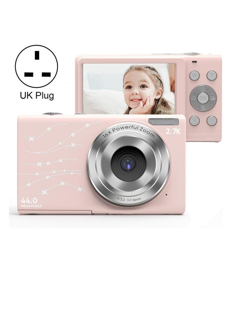 2.4 inch 48MP 16X Zoom 2.7K Full HD Digital Camera Children Card Camera, UK Plug (Pink)