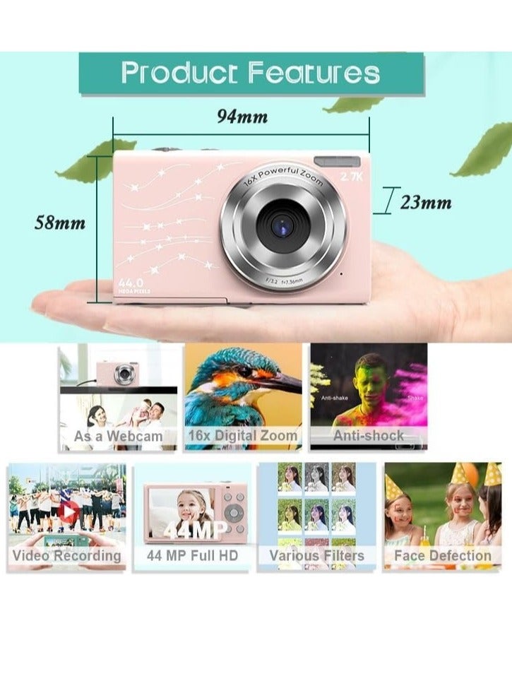 DC402 2.4 inch 44MP 16X Zoom 2.7K Full HD Digital Camera Children Card Camera, UK Plug (Pink)