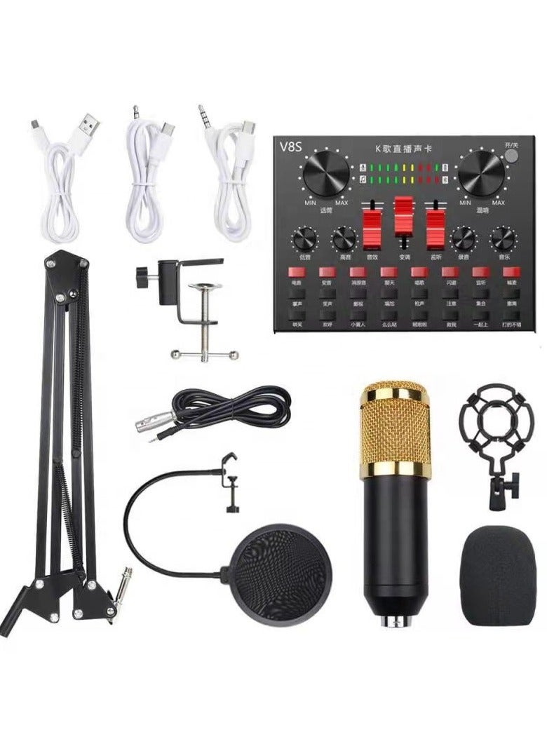 Professional Condenser Microphone With V8S Live Sound Card And Studio Recording Broadcasting Set Black/Gold