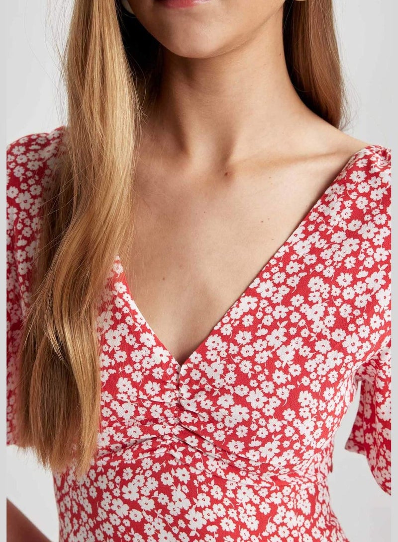V-Neck Floral Mini Short Sleeve Woven Dress