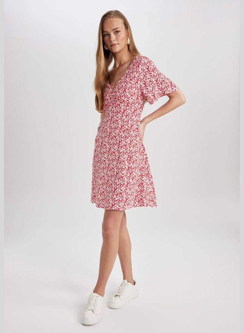 V-Neck Floral Mini Short Sleeve Woven Dress