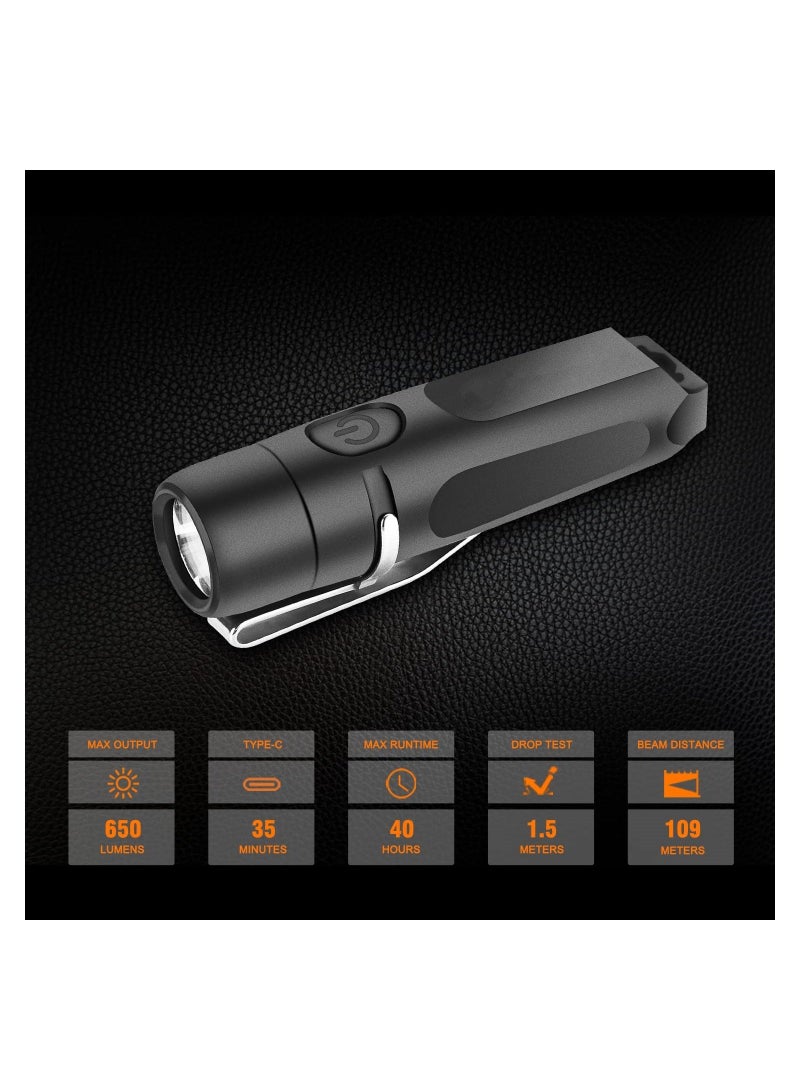 650 Lumens Rechargeable Keychain Flashlight, EDC Pocket Flashlight Mini High Pocket-Sized for Camping Outdoors Emergency