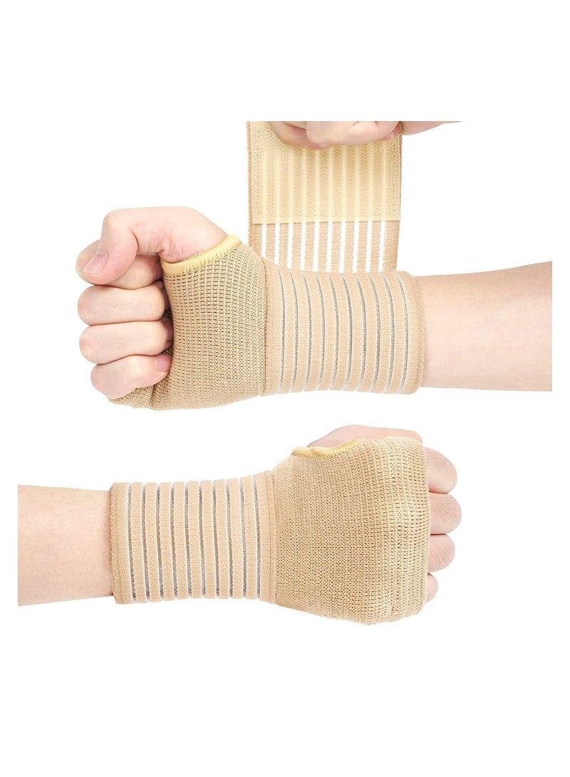 2Pcs Wrist Brace Elastic Support with Strap Ideal for Sprains Injury or Sports Use no Metal bar Without inhibiting Flexibility Left Right Beige