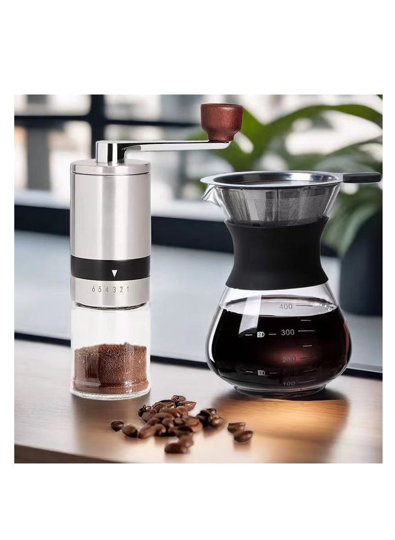 Hand Ground Coffee Making Tools Set - Coffee Beans Grinder, 400ML Pour Over Coffee Maker with Reusable Stainless Steel Paperless Filter Dripper | Manual Coffee Powder Maker with Adjustable Coarseness